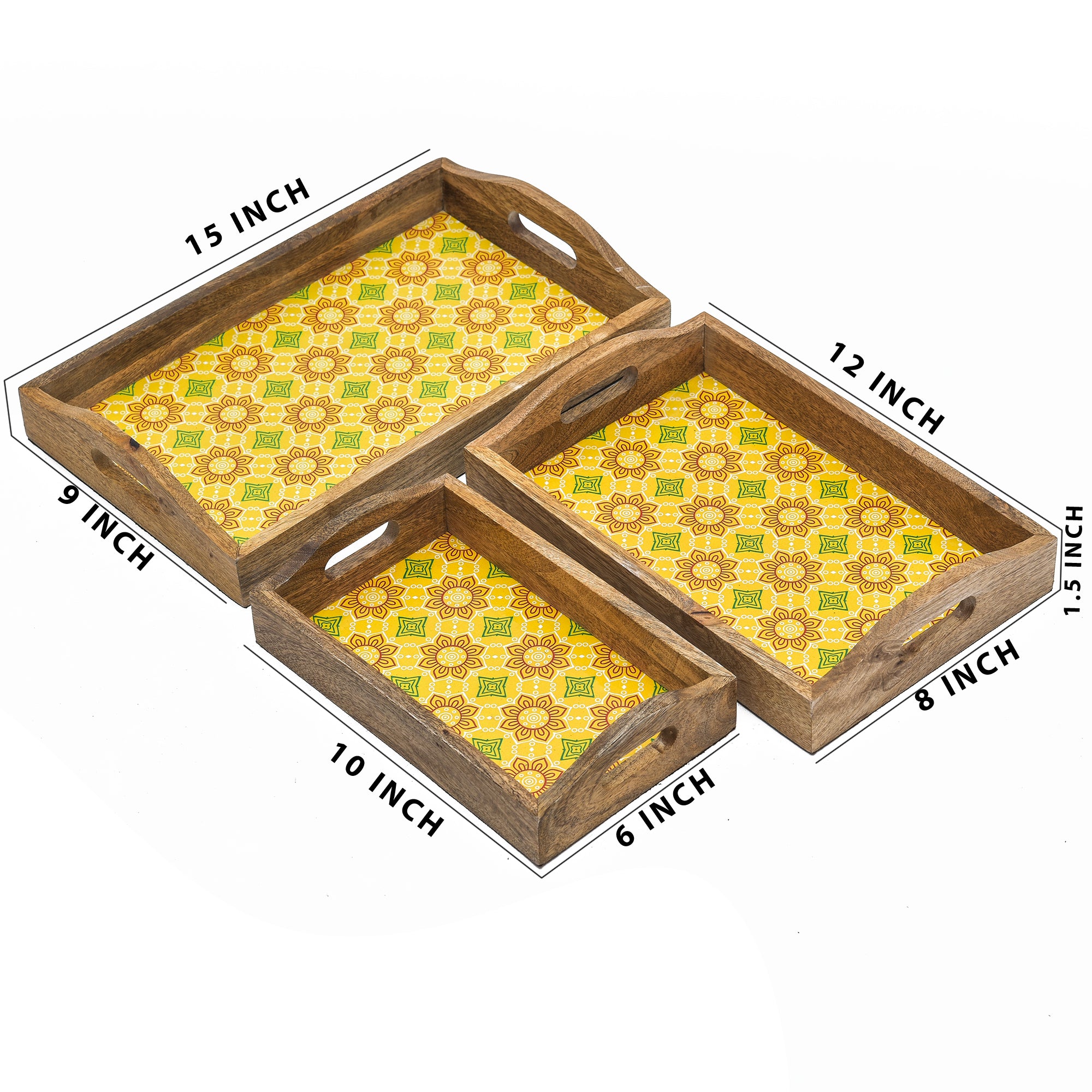 Basant Printed Wooden Serving Tray With Curved Handle - 3pcs