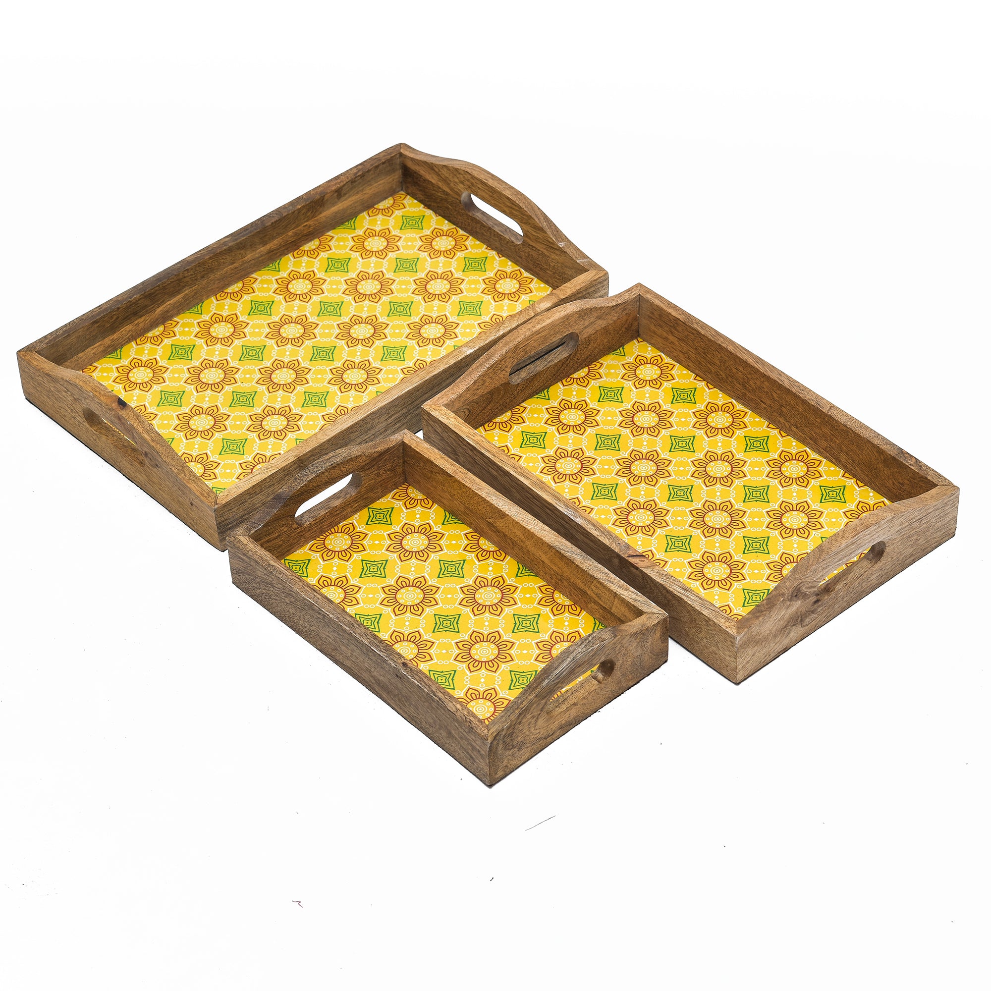 Basant Printed Wooden Serving Tray With Curved Handle - 3pcs