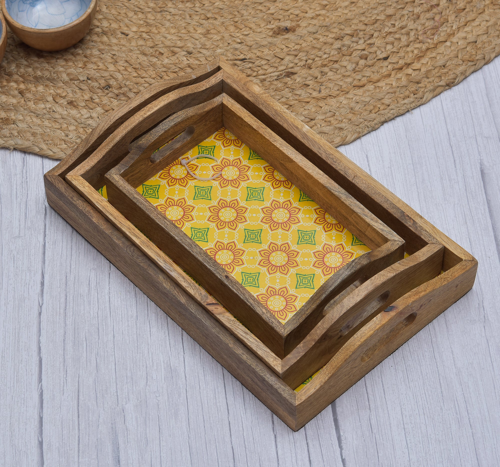 Basant Printed Wooden Serving Tray With Curved Handle - 3pcs