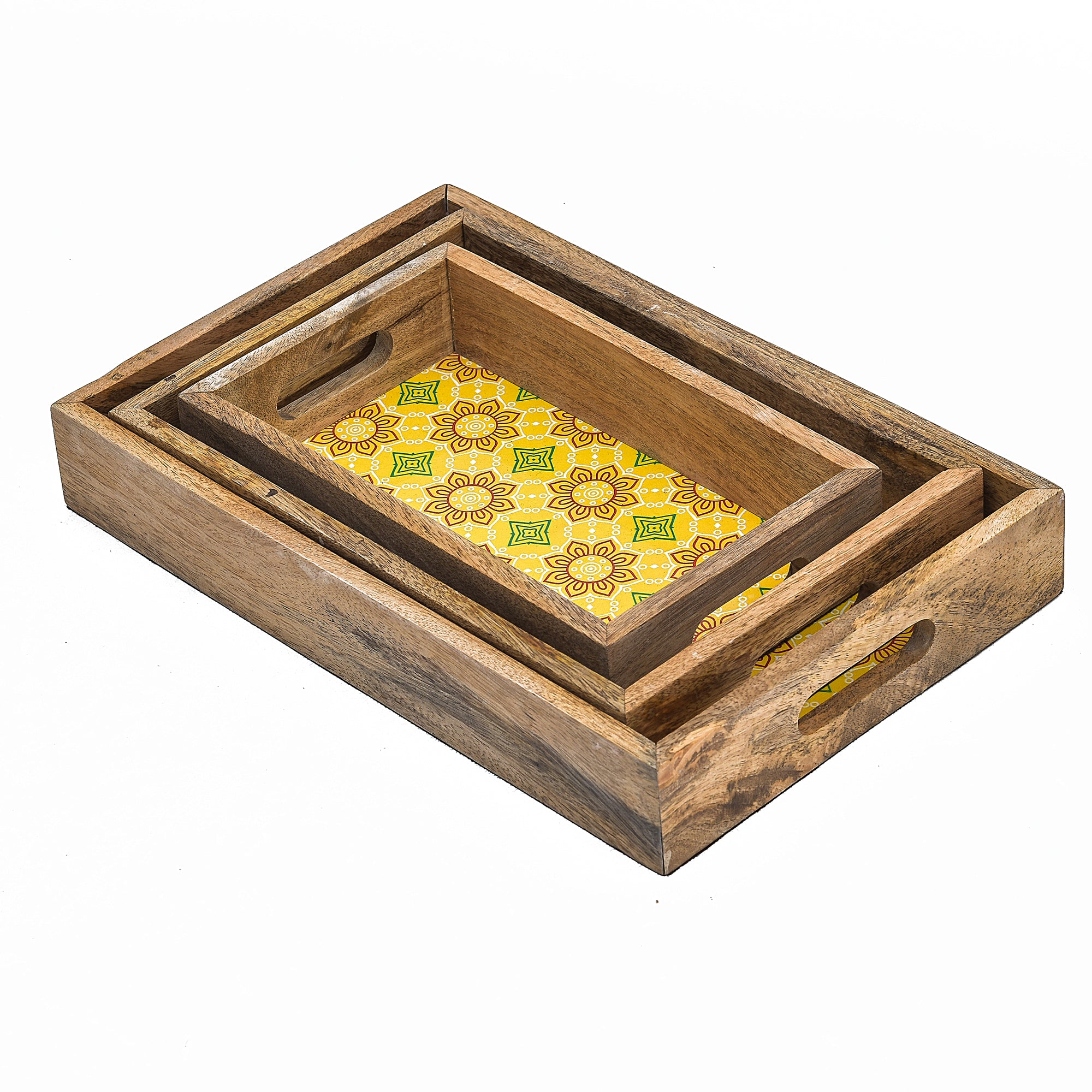 Basant Printed Wooden Serving Tray With Plain Handle