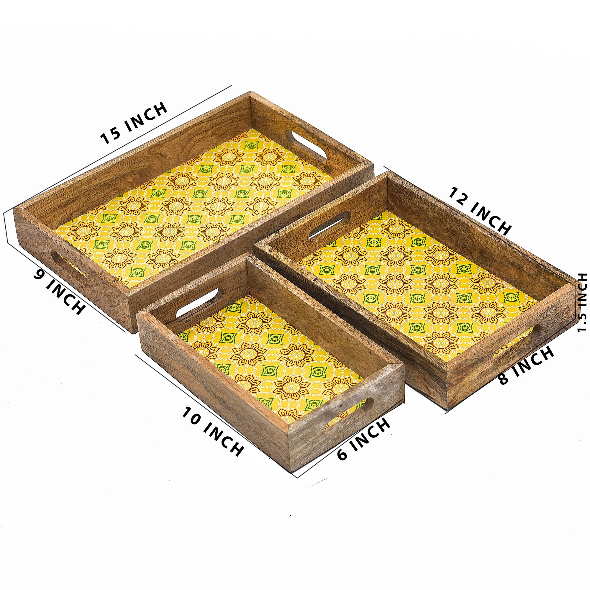 Basant Printed Wooden Serving Tray With Plain Handle