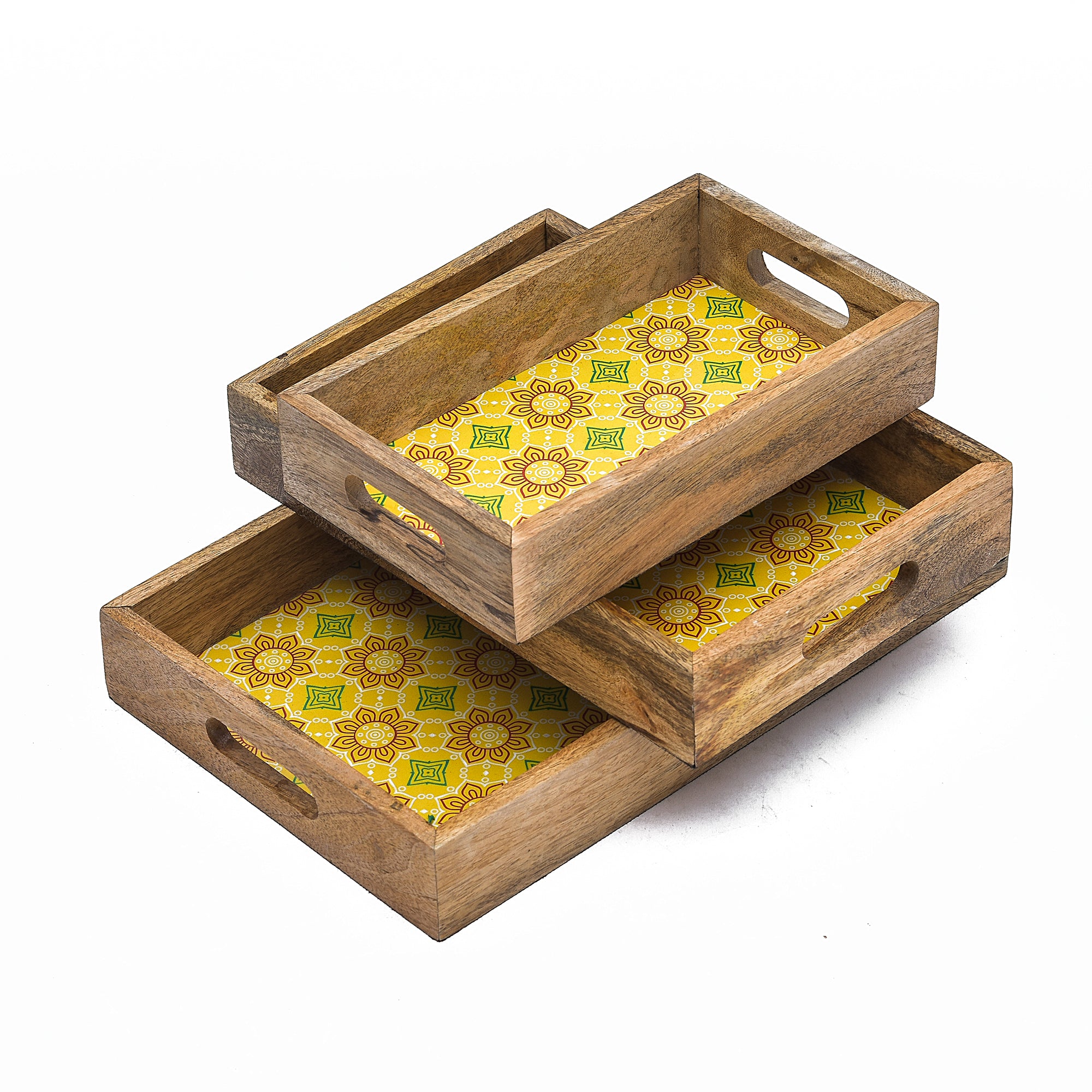 Basant Printed Wooden Serving Tray With Plain Handle