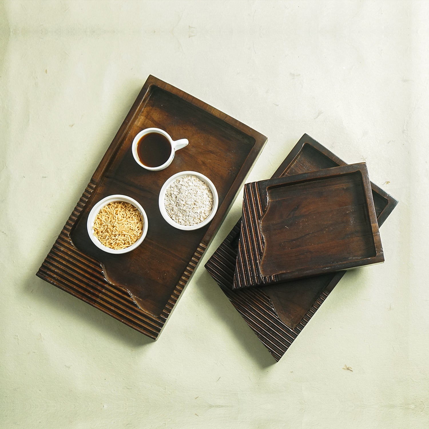 Wave Design Wooden Tray Set of 3