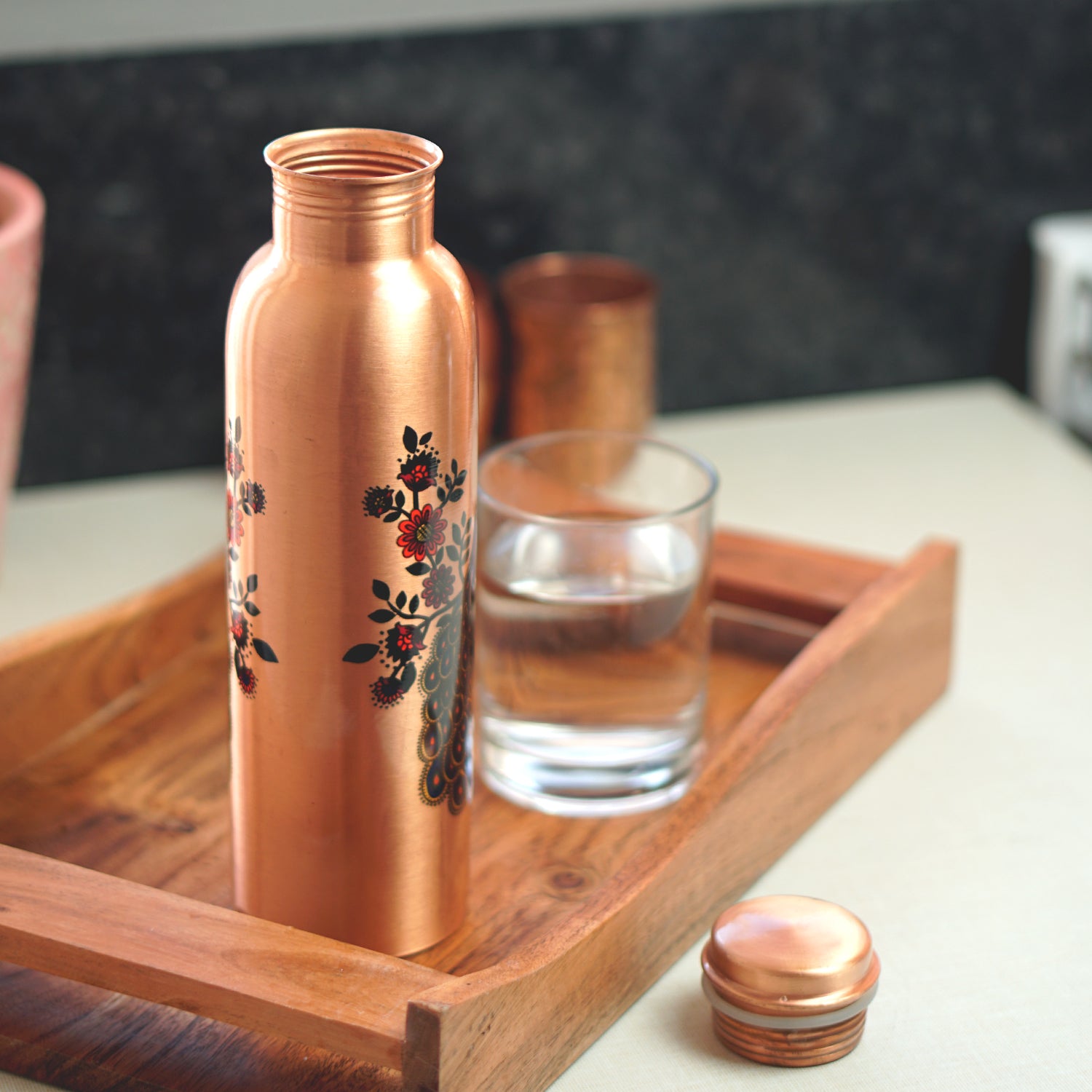 PEACOCK PRINTED COPPER WATER BOTTLE - 1000ML