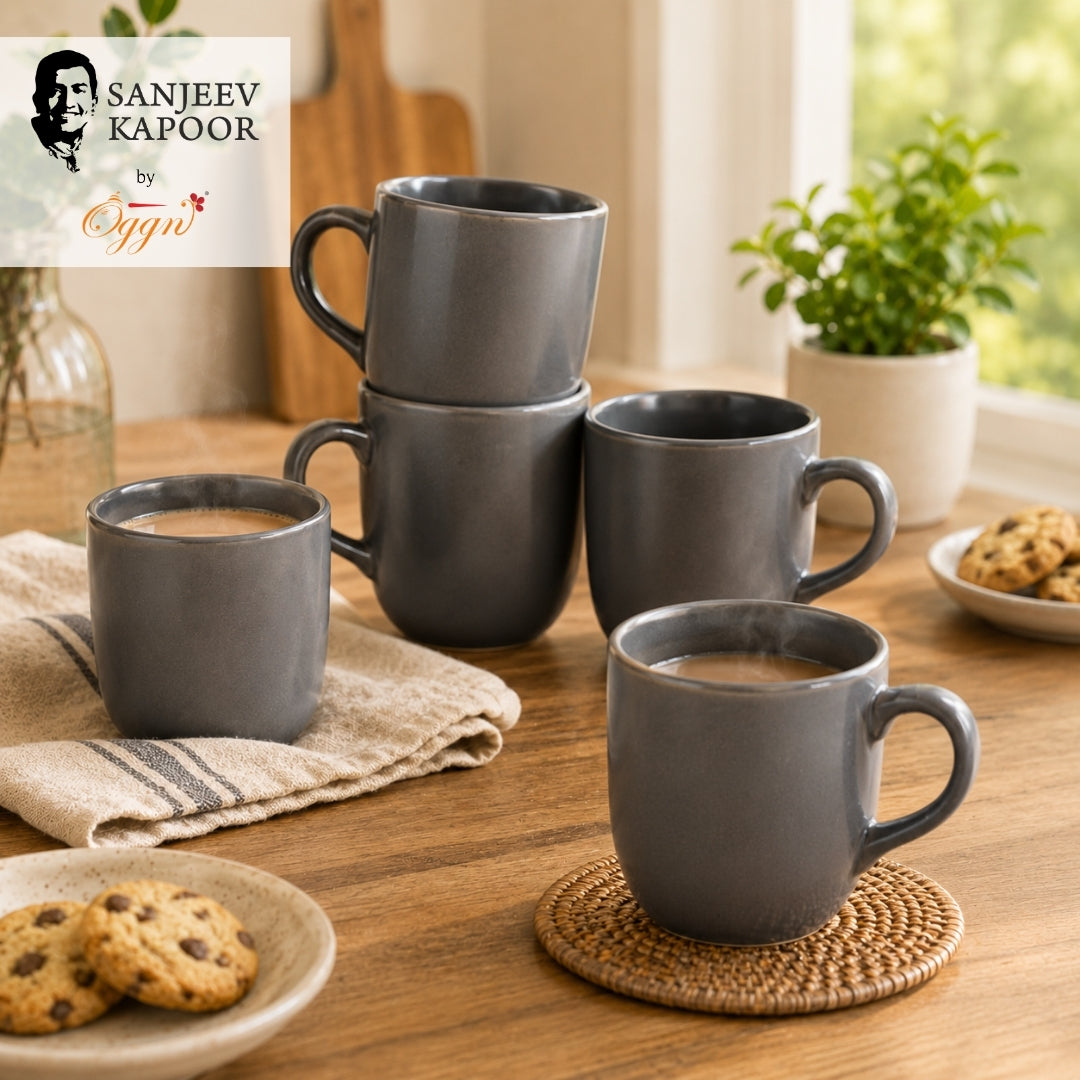 Ceramic Matt Finish Tea Cup Set (Grey) - Sanjeev Kapoor by OGGN Pack of 6