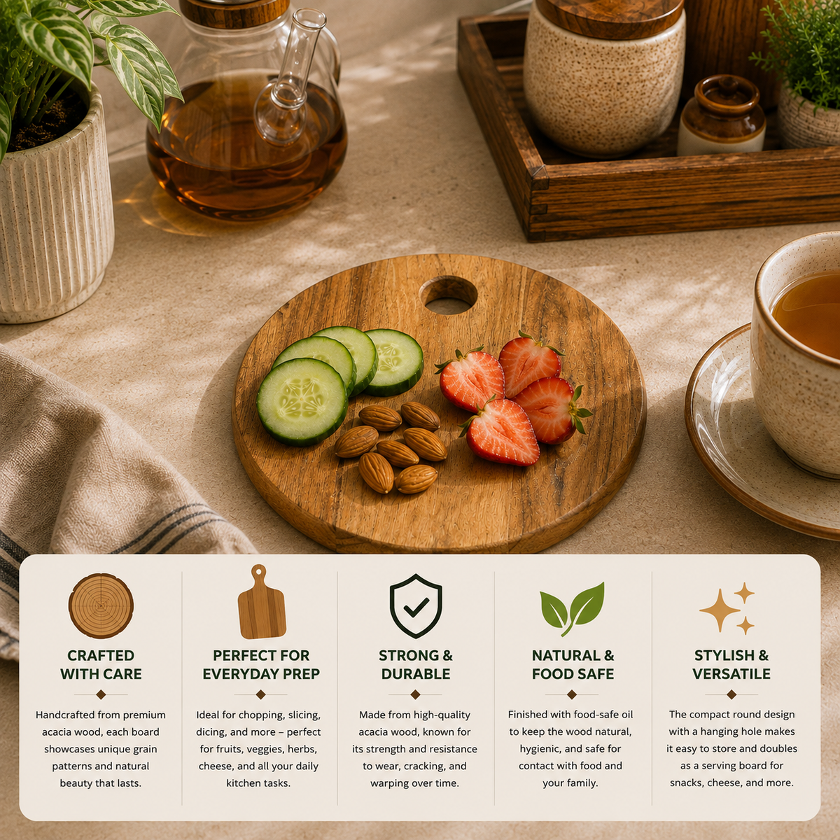 Acaica Wood Round Chopping Board With Inner Hole