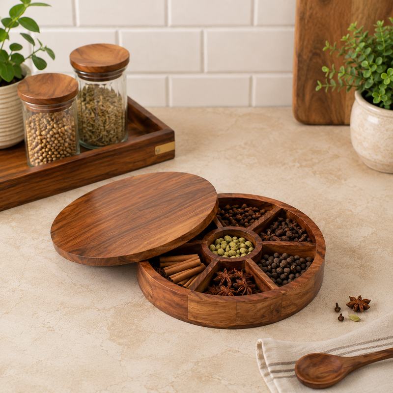 Acacia Wood Round Masala Box 9 Compartments