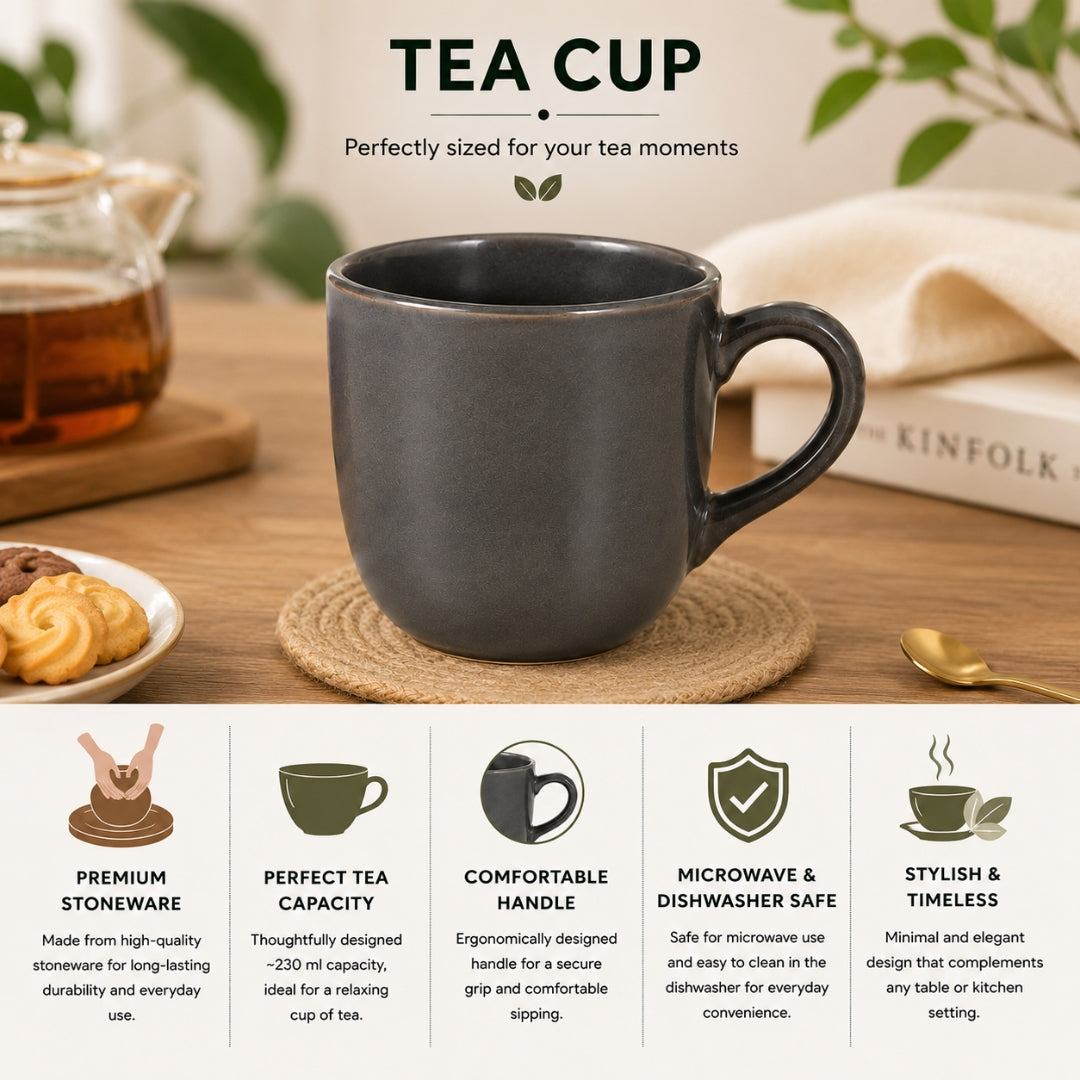 Ceramic Matt Finish Tea Cup Set (Grey) - Sanjeev Kapoor by OGGN Pack of 6