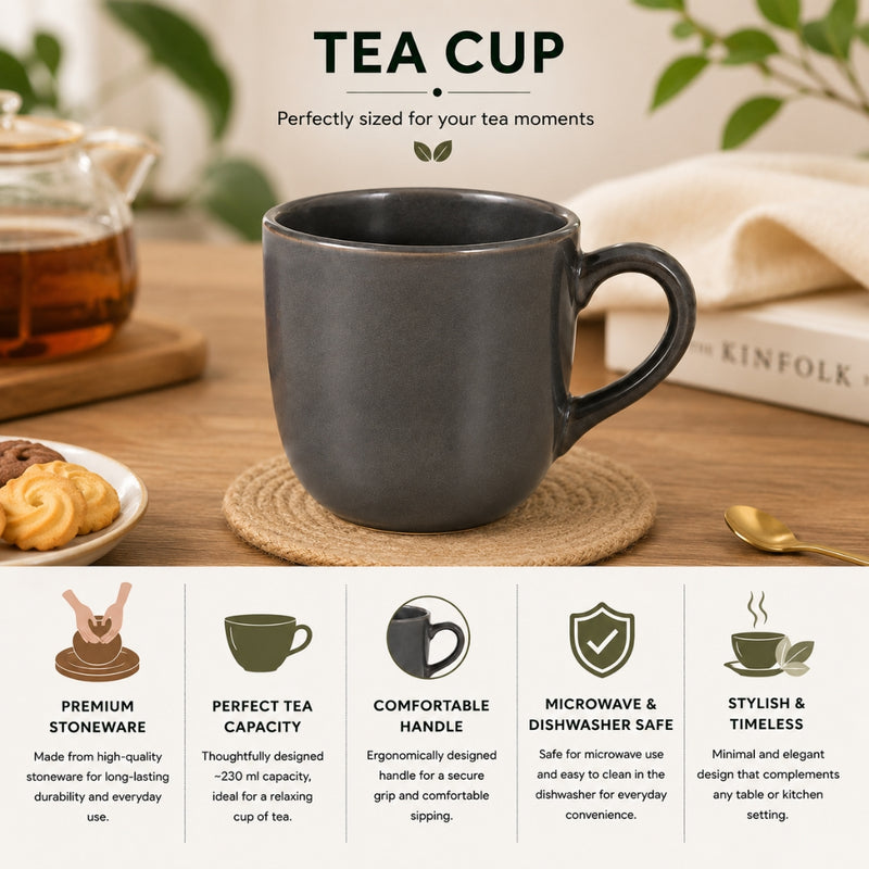 Ceramic Matt Finish Tea Cup Set (Grey) - Sanjeev Kapoor by OGGN Pack of 6