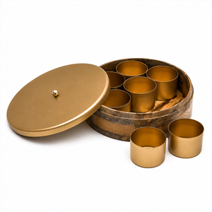 MANGO WOOD MASALA BOX & IRON LID 7 IRON BOWL