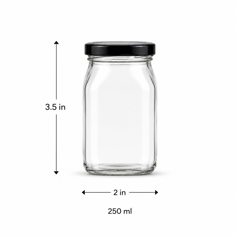 Square Glass Utility Container-Jar-Pack of 6– 250 ml (Transparent)