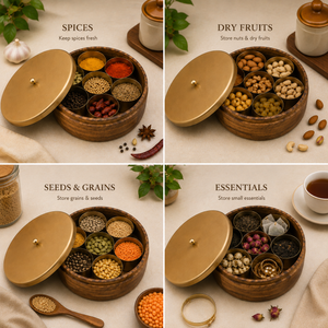 MANGO WOOD MASALA BOX & IRON LID 7 IRON BOWL
