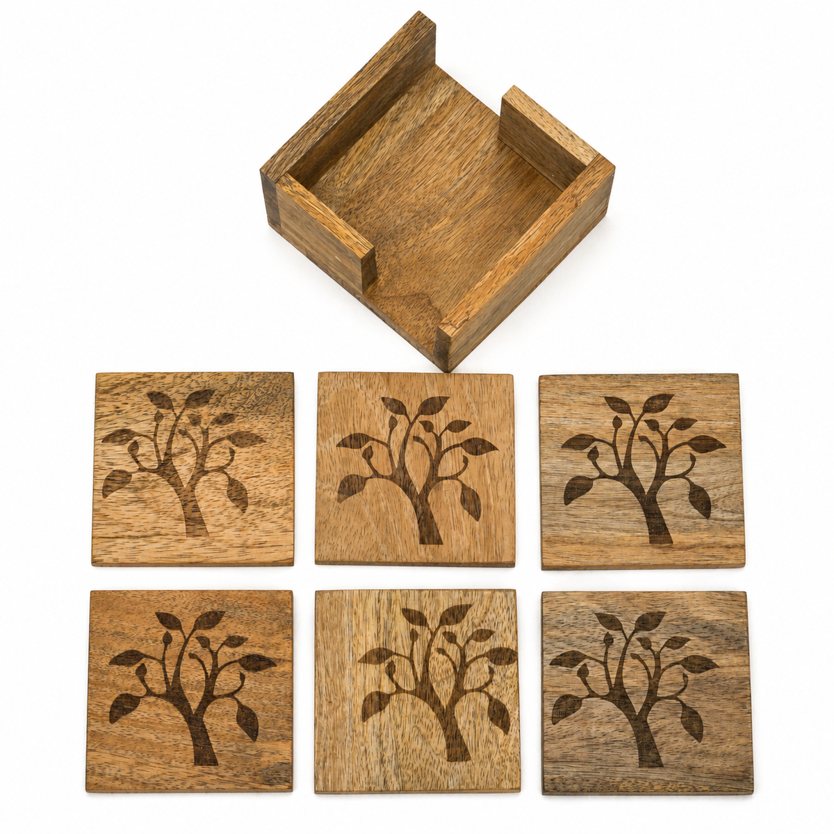 Mango Leaf Wooden Tea Coaster With Holder