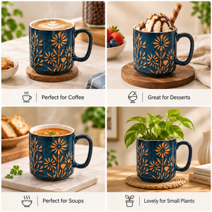 Ceramic Blue Blossom Hand-Embossed Ceramic Coffee Mug Set of 6 - Sanjeev Kapoor by OGGN