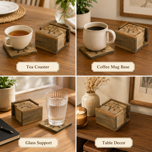 Mango Leaf Wooden Tea Coaster With Holder