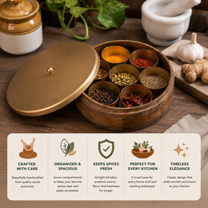 MANGO WOOD MASALA BOX & IRON LID 7 IRON BOWL