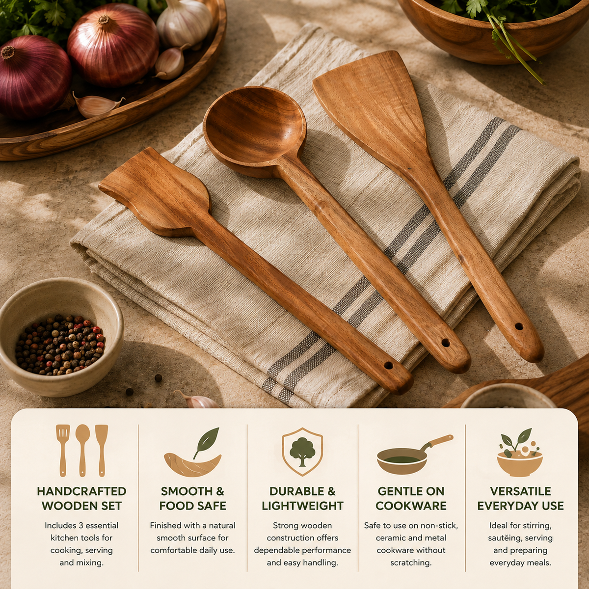 NEEM WOOD FRY SERVING SPATULA SET OF 3