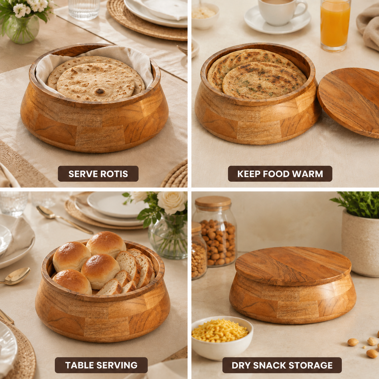 Sanjeev Kapoor OGGN Natural Wood Casserole with Lid, Handcrafted Wooden Chapati Box, Hot Case, Round Roti Dabba for Kitchen, (22.86 X 22.86 Cm)