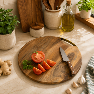 Acacia Round Wooden Chopping Board With Iron Handle