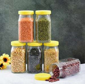 Premium Glass Storage Jar - Pack of 6 – Yellow Screw Cap – 1 L (Transparent)