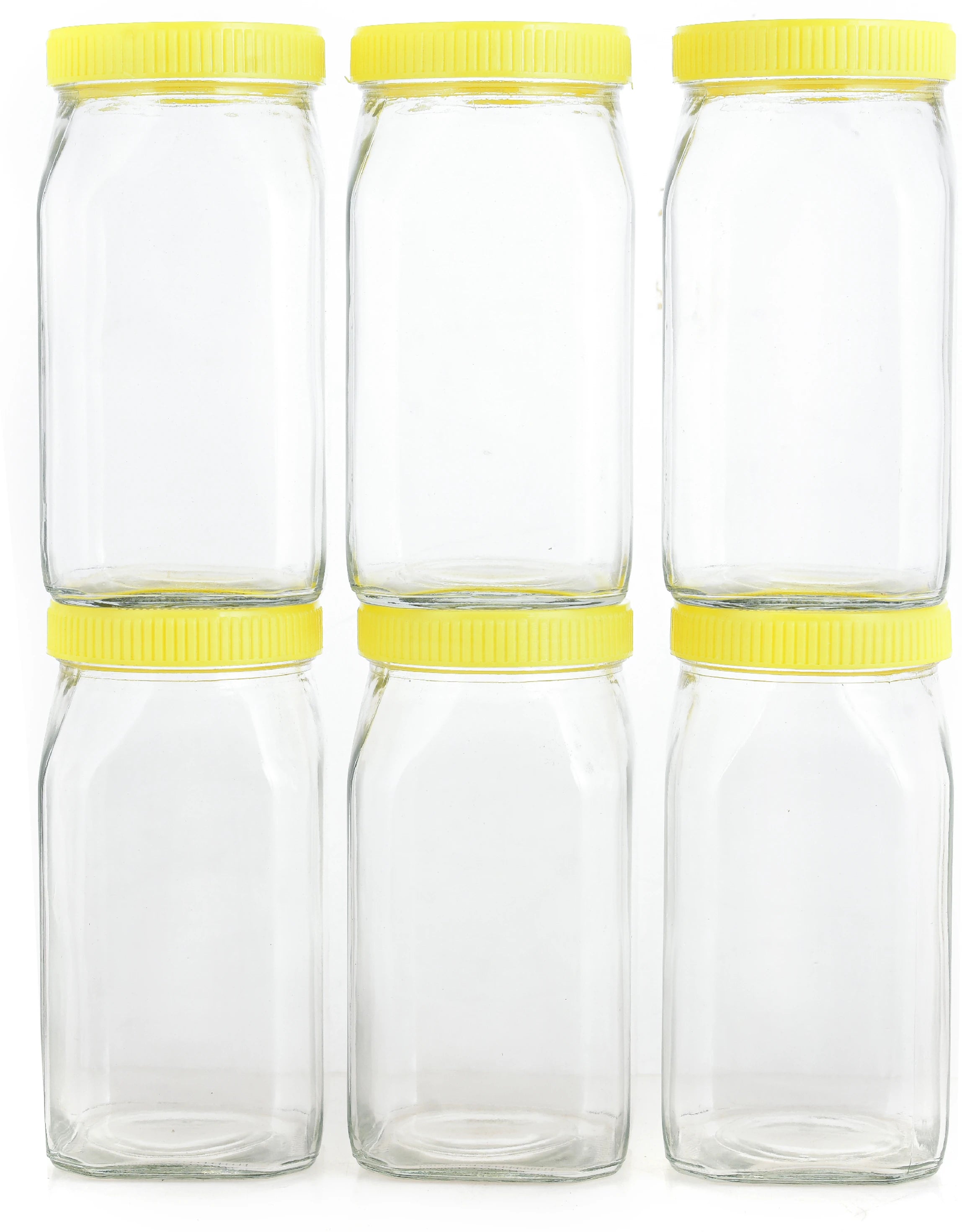 Premium Glass Storage Jar - Pack of 6 – Yellow Screw Cap – 1 L (Transparent)