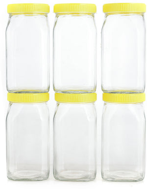 Premium Glass Storage Jar - Pack of 6 – Yellow Screw Cap – 1 L (Transparent)