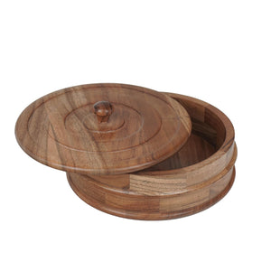Sanjeev Kapoor OGGN Natural Wood Casserole with Lid, Handcrafted Wooden Chapati Box, Hot Case, Round Roti Dabba for Kitchen, (22.86 X 22.86 Cm)