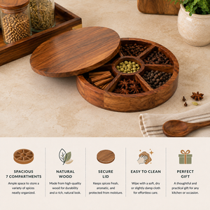 Acacia Wood Round Masala Box 9 Compartments