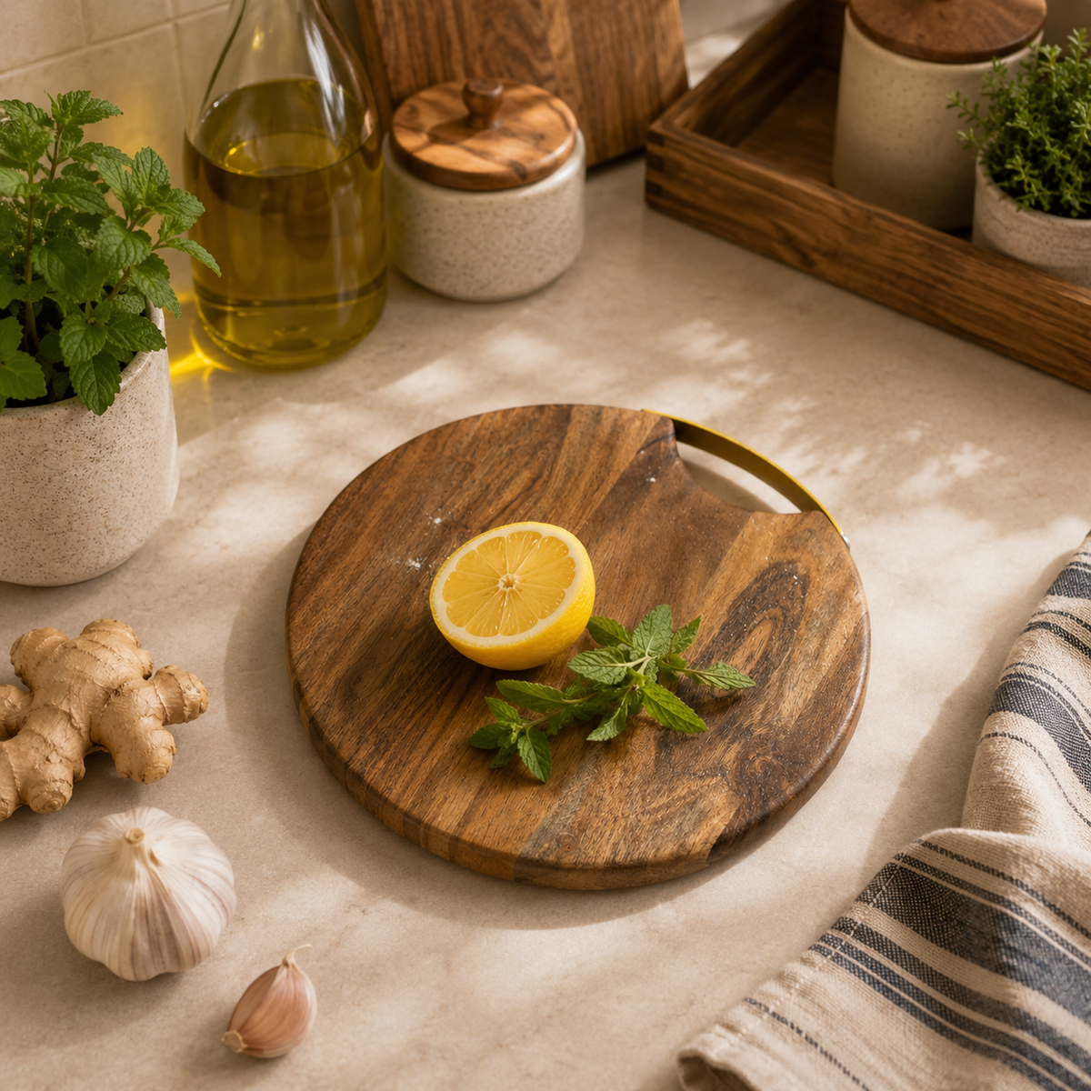 Acacia Round Wooden Chopping Board With Iron Handle
