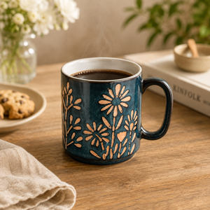 Ceramic Blue Blossom Hand-Embossed Ceramic Coffee Mug Set of 6 - Sanjeev Kapoor by OGGN