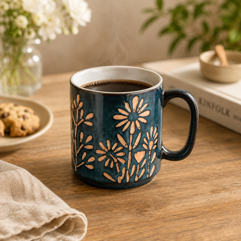 Ceramic Blue Blossom Hand-Embossed Ceramic Coffee Mug Set of 6 - Sanjeev Kapoor by OGGN