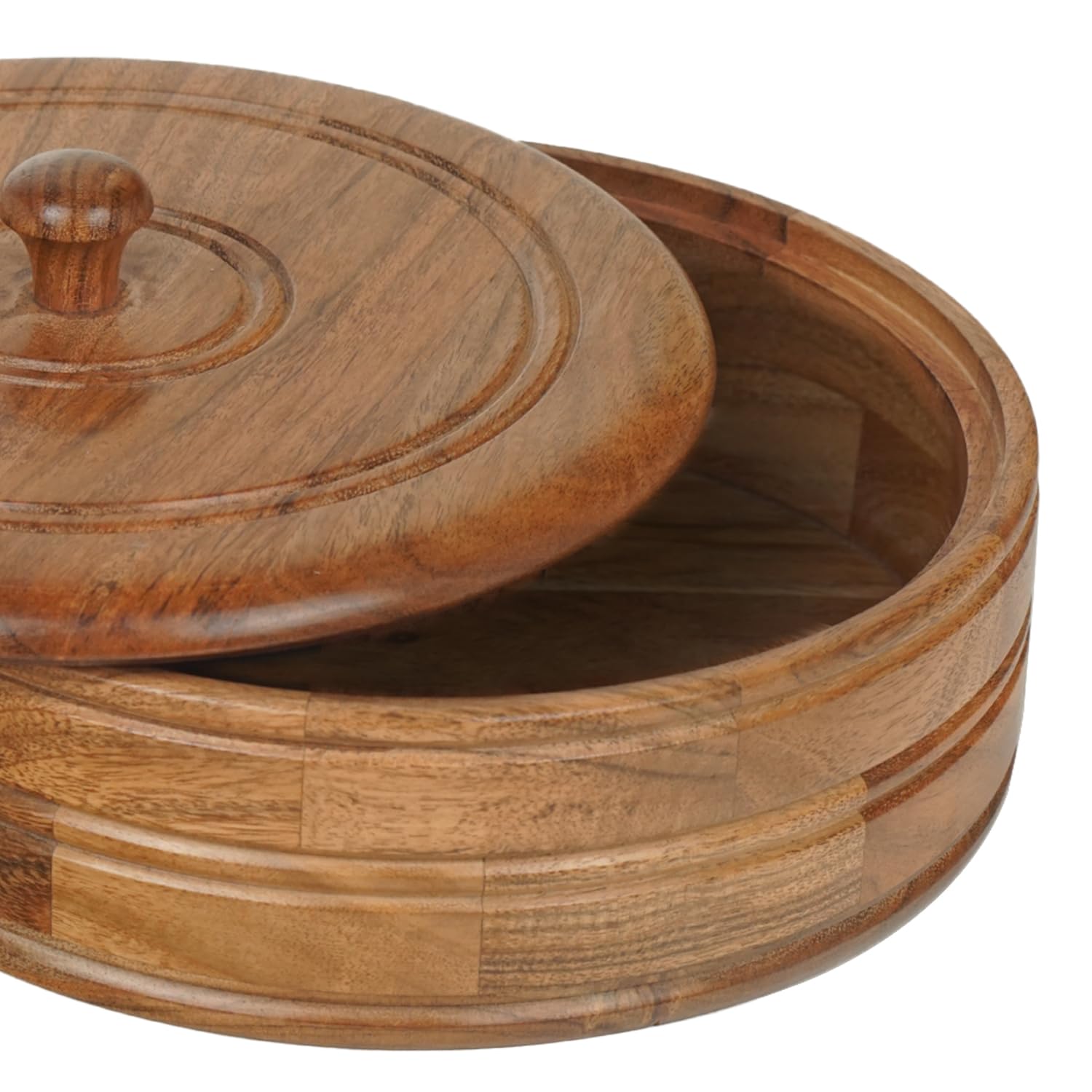 Sanjeev Kapoor OGGN Natural Wood Casserole with Lid, Handcrafted Wooden Chapati Box, Hot Case, Round Roti Dabba for Kitchen, (22.86 X 22.86 Cm)
