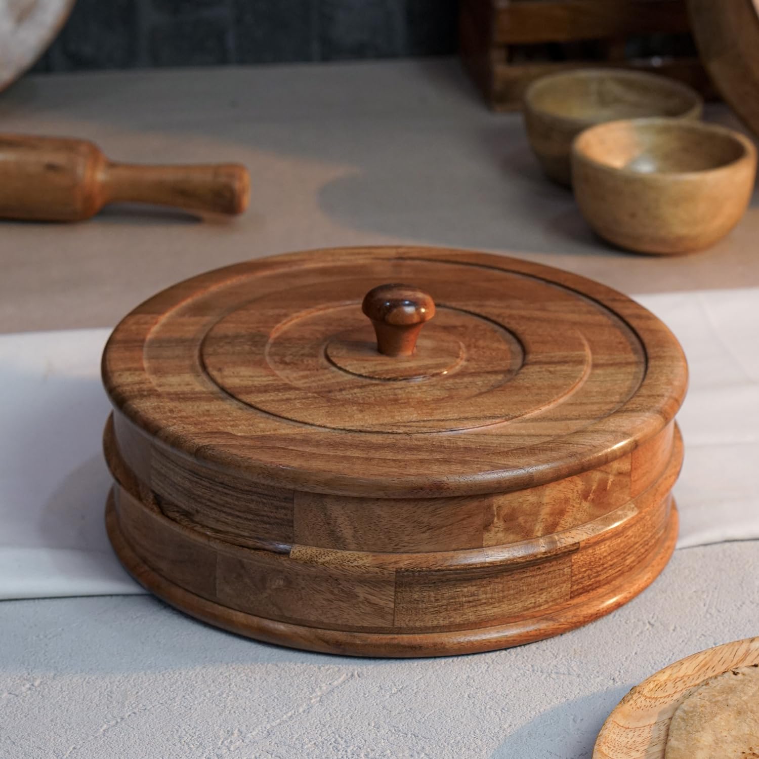 Sanjeev Kapoor OGGN Natural Wood Casserole with Lid, Handcrafted Wooden Chapati Box, Hot Case, Round Roti Dabba for Kitchen, (22.86 X 22.86 Cm)