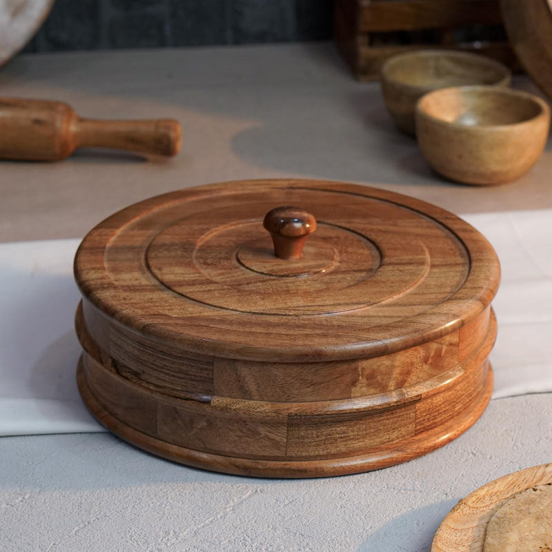 Sanjeev Kapoor OGGN Natural Wood Casserole with Lid, Handcrafted Wooden Chapati Box for Kitchen, (22.86 X 22.86 Cm)