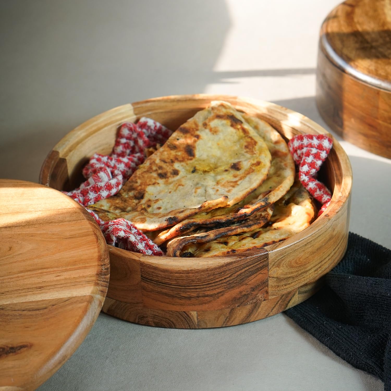 Sanjeev Kapoor By OGGN Natural Acacia Wood Chapati Box, Wooden Hot Pot for Roti, Casserole with Lid