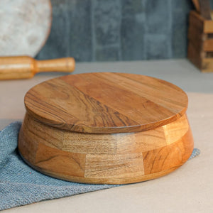 Sanjeev Kapoor OGGN Natural Wood Casserole with Lid, Handcrafted Wooden Chapati Box, Hot Case, Round Roti Dabba for Kitchen, (22.86 X 22.86 Cm)