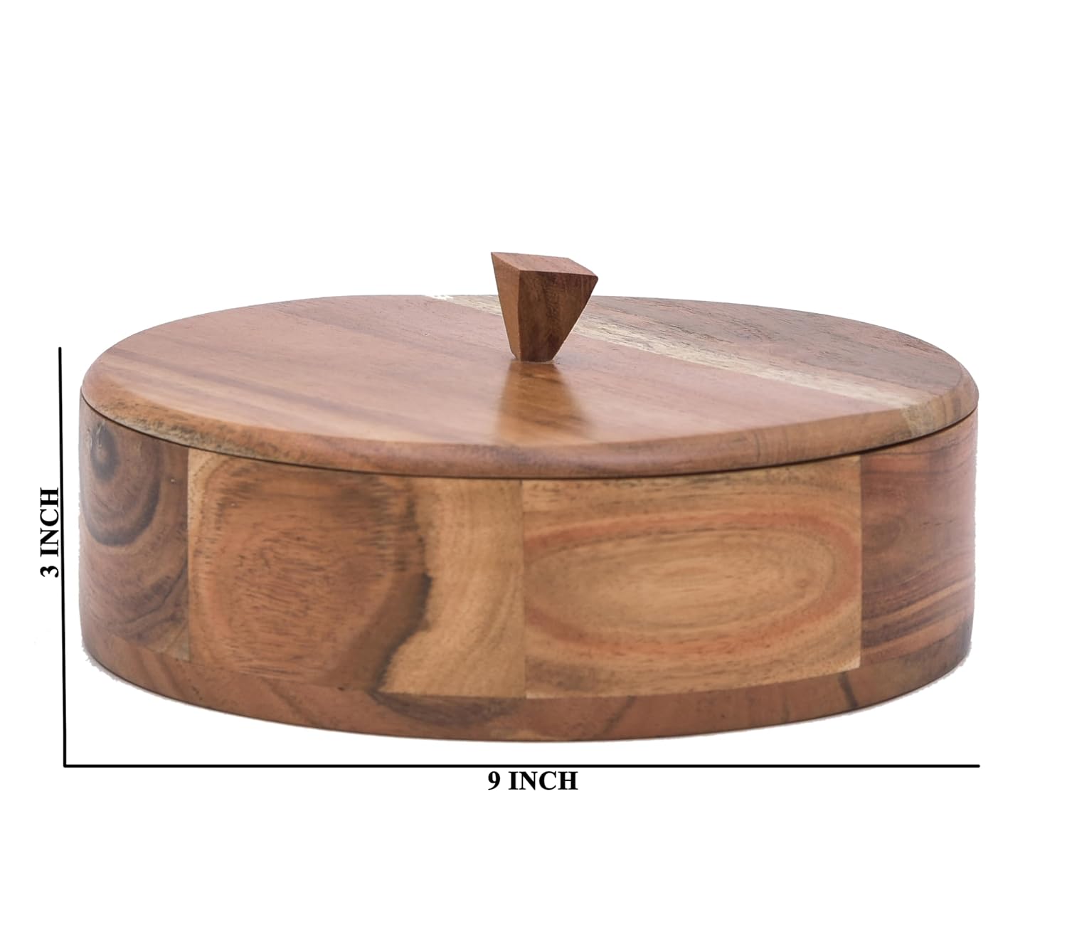 OGGN Natural Acacia Wood Casserole with Lid, Handcrafted Wooden Chapati Box, Round Roti Dabba for Kitchen, Hot Case, (22.86 X 22.86 Cm)