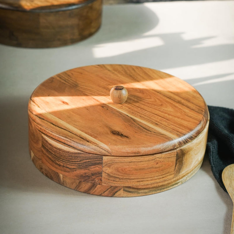 Sanjeev Kapoor By OGGN Natural Acacia Wood Chapati Box, Wooden Hot Pot for Roti, Casserole with Lid
