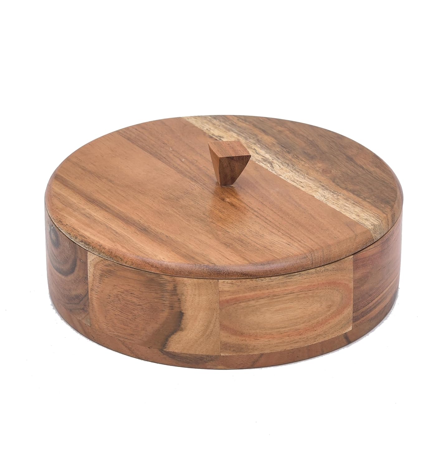 OGGN Natural Acacia Wood Casserole with Lid, Handcrafted Wooden Chapati Box, Round Roti Dabba for Kitchen, Hot Case, (22.86 X 22.86 Cm)