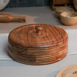 Sanjeev Kapoor OGGN Natural Wood Casserole with Lid, Handcrafted Wooden Chapati Box, Hot Case, Round Roti Dabba for Kitchen, (22.86 X 22.86 Cm)