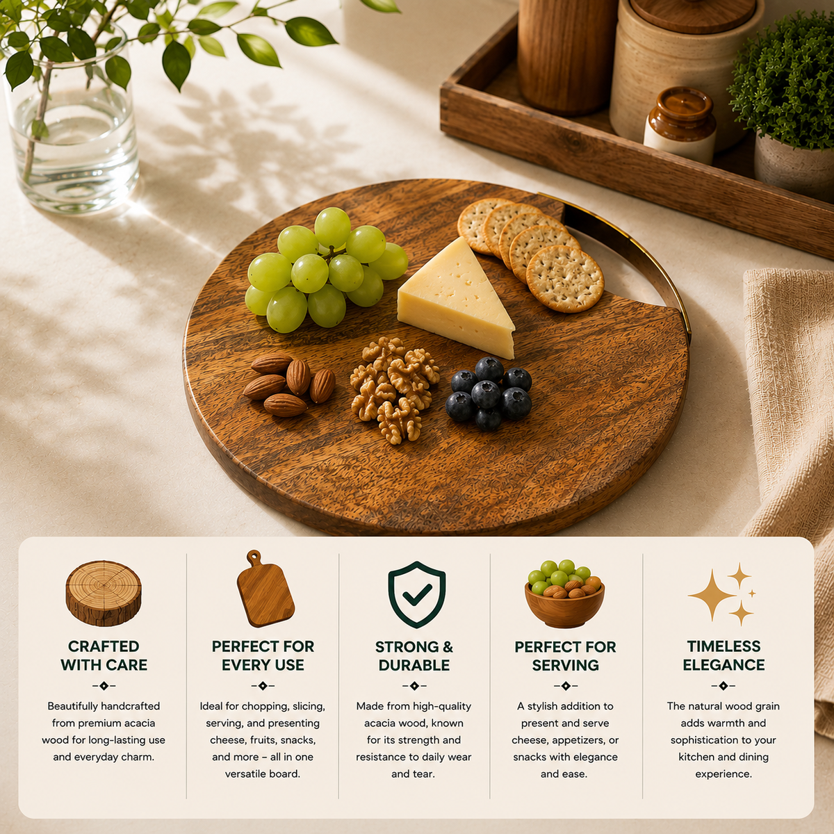 Acacia Round Wooden Chopping Board With Iron Handle
