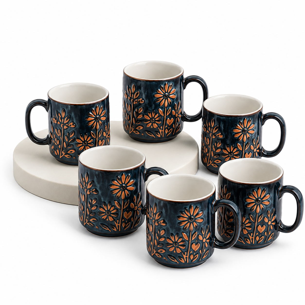 Ceramic Blue Blossom Hand-Embossed Ceramic Coffee Mug Set of 6 - Sanjeev Kapoor by OGGN