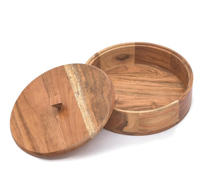 OGGN Natural Acacia Wood Casserole with Lid, Handcrafted Wooden Chapati Box, Round Roti Dabba for Kitchen, Hot Case, (22.86 X 22.86 Cm)