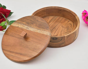 OGGN Natural Acacia Wood Casserole with Lid, Handcrafted Wooden Chapati Box, Round Roti Dabba for Kitchen, Hot Case, (22.86 X 22.86 Cm)