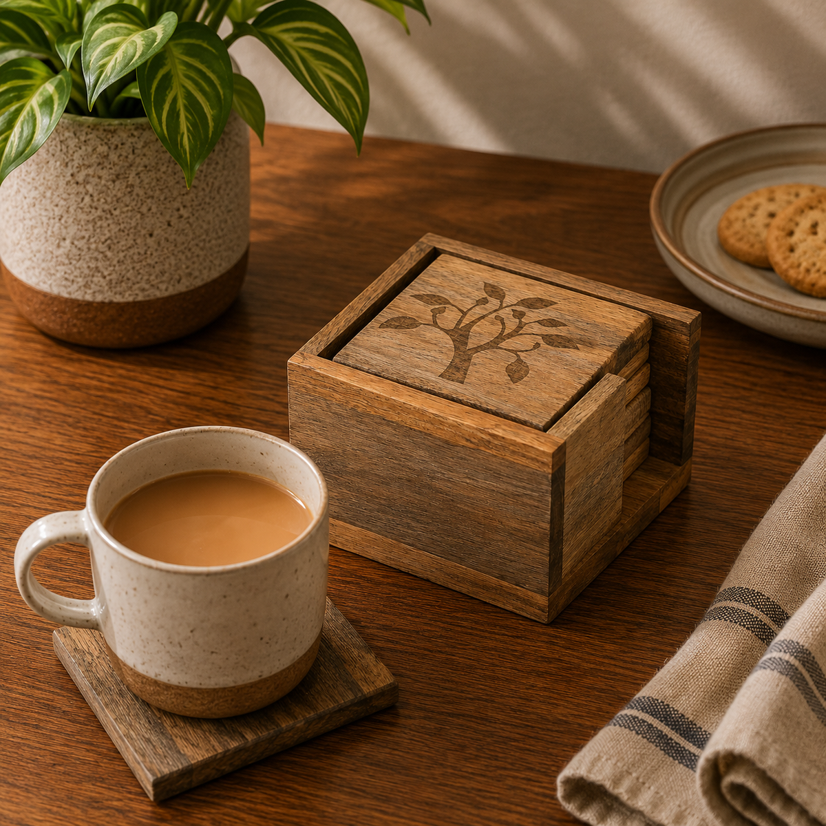Mango Leaf Wooden Tea Coaster With Holder