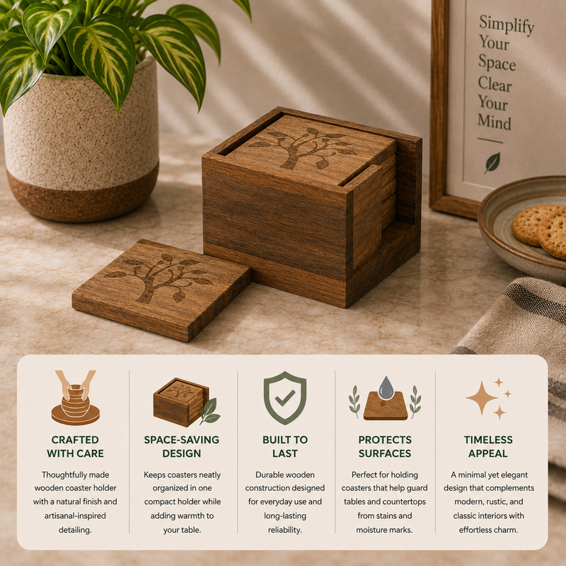 Mango Leaf Wooden Tea Coaster With Holder