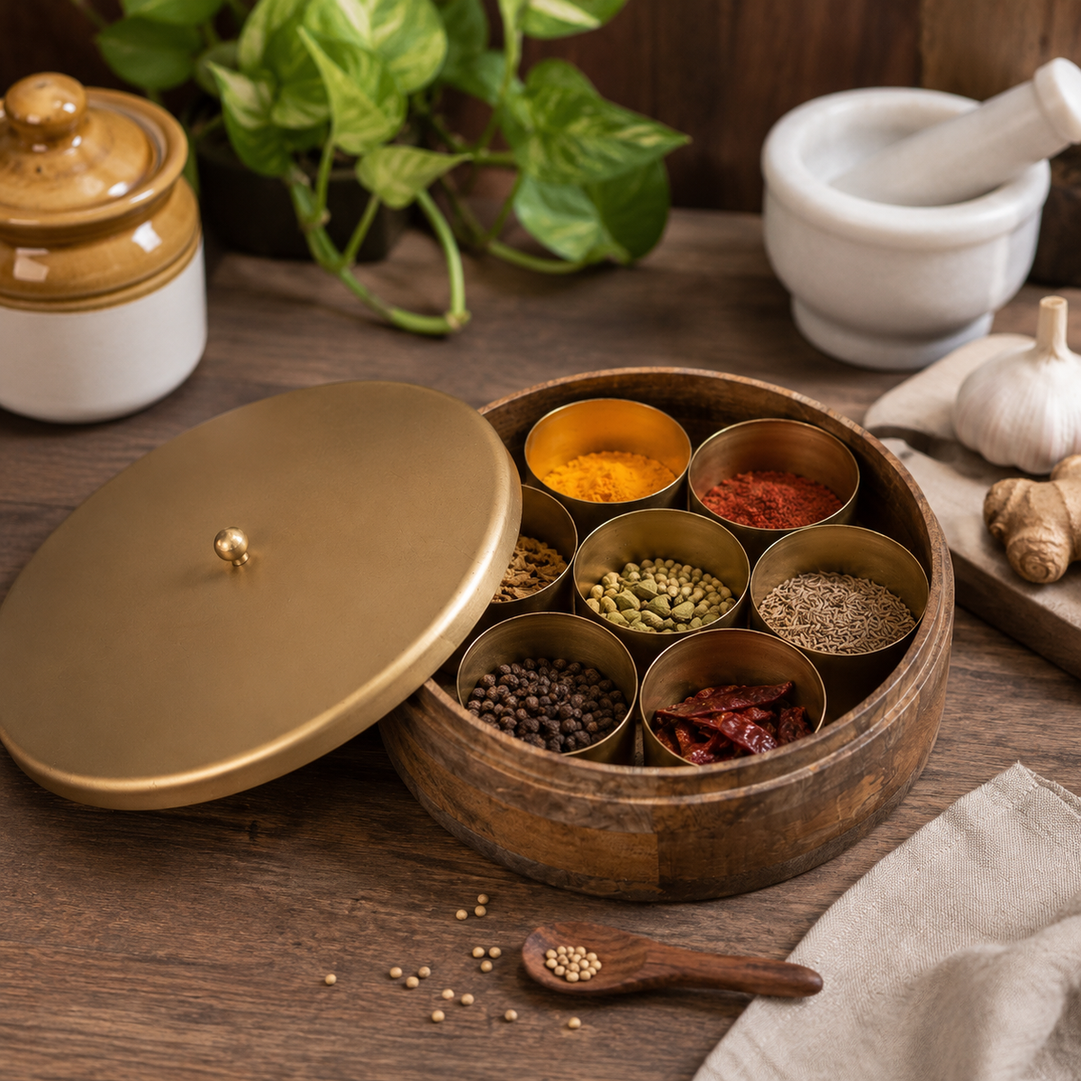 MANGO WOOD MASALA BOX & IRON LID 7 IRON BOWL