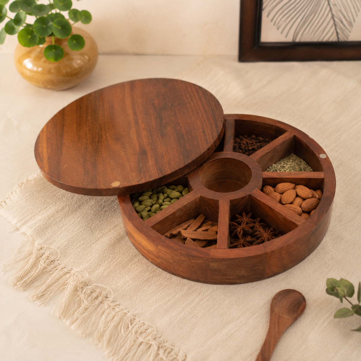 Acacia Wood Round Masala Box 9 Compartments