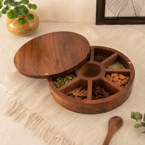 Acacia Wood Round Masala Box 9 Compartments