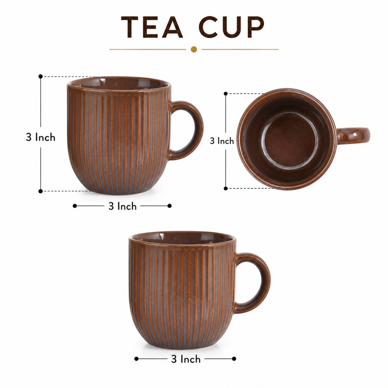 Rustic Ribbed Ceramic Mug Set for Coffee and Tea (Set of 6 - Brown) - Sanjeev Kapoor by OGGN
